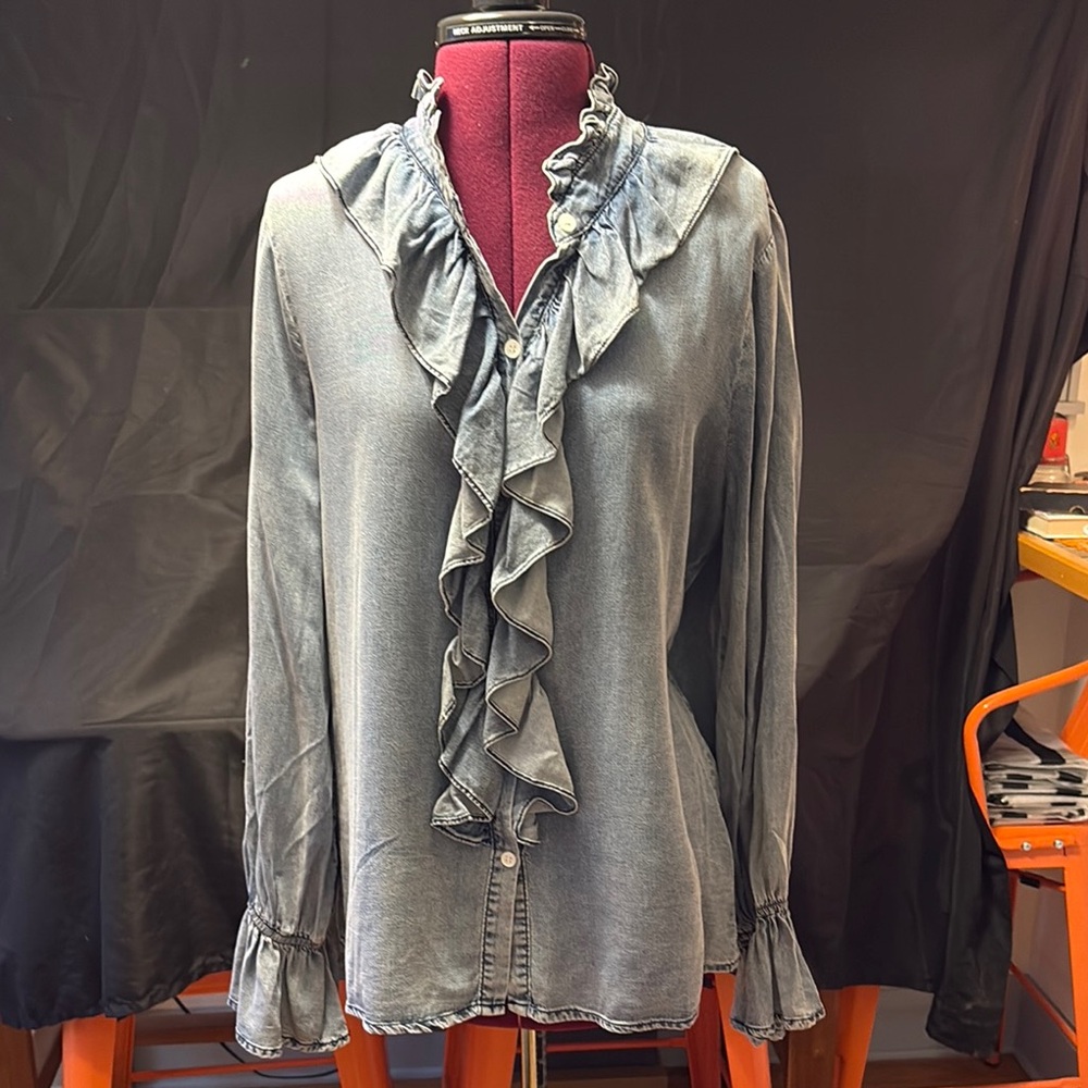 Ruffled Denim Romantic Button-Up Blouse Western Chic